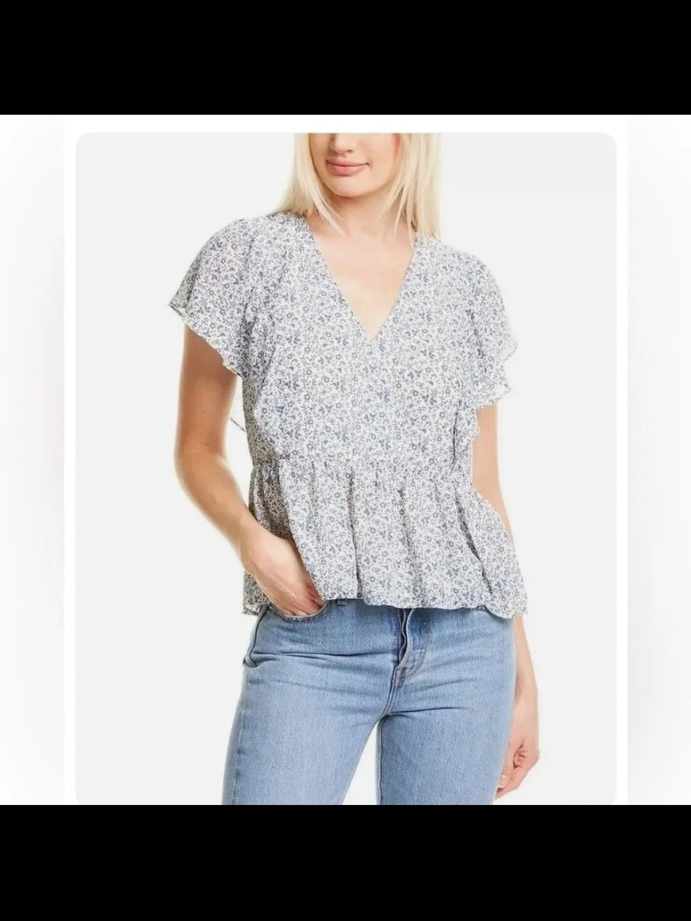 Madewell Georgette Ruffle Sleeve Peplum Blue Floral Top size small